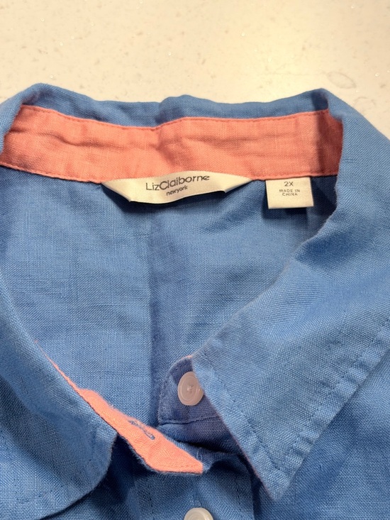 Liz Claiborne Top XXL 2XL Blue Shirt Buttons Long Rollup Pink Sleeves Linen - Picture 4 of 4